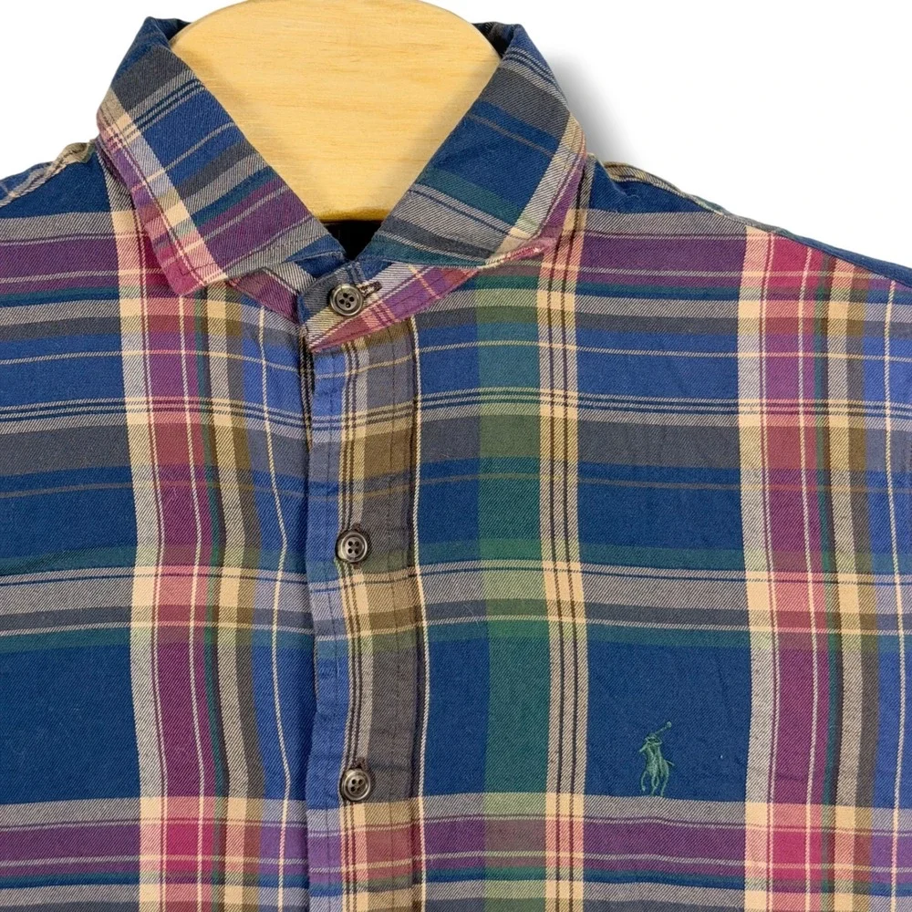 Polo Ralph Lauren Button Down Flannel Shirt Mens Small Blue Plaid Cotton Pony